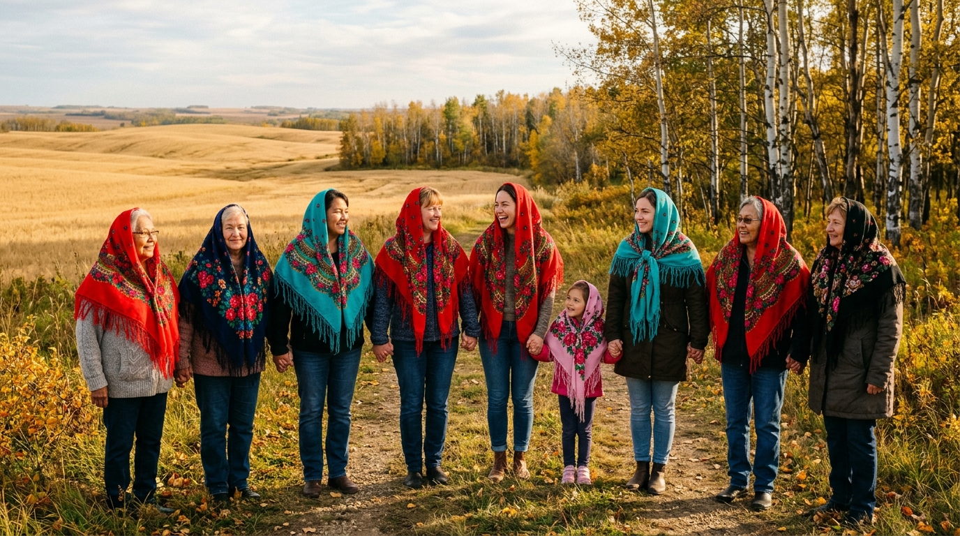 Illustration: women of several generations in bright printed floral headscarves, hand in hand on a field path in autumn.